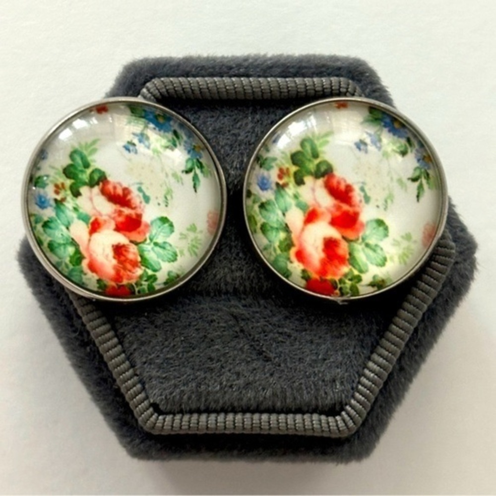 20mm Floral Print Glass and Stainless Steel Handmade Earrings, Unworn, NWT